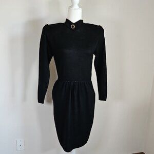 St John By Marie Gray Santana Knit Vintage Dress Sleeves Pockets Black SZ6